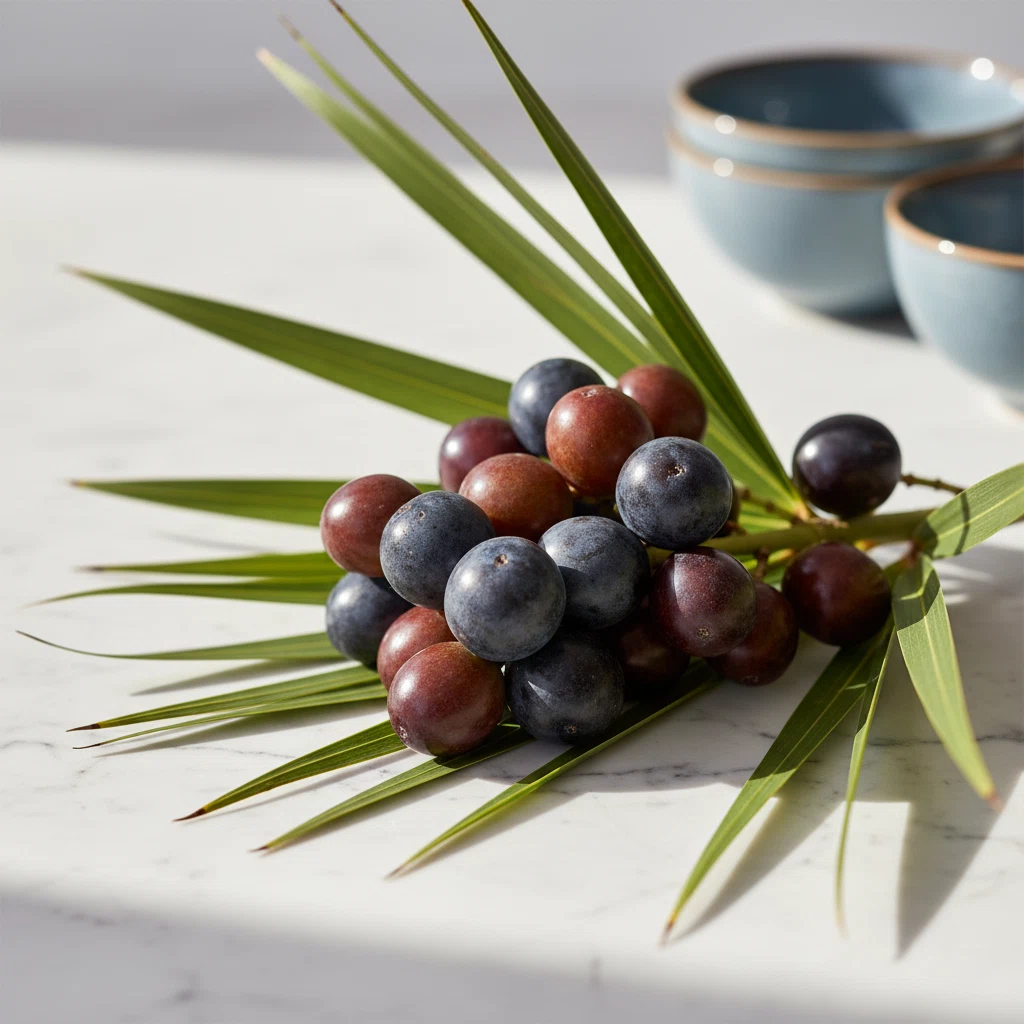 Saw palmetto -uute ravintolisä - tuoreita marjoja valkoisella pinnalla